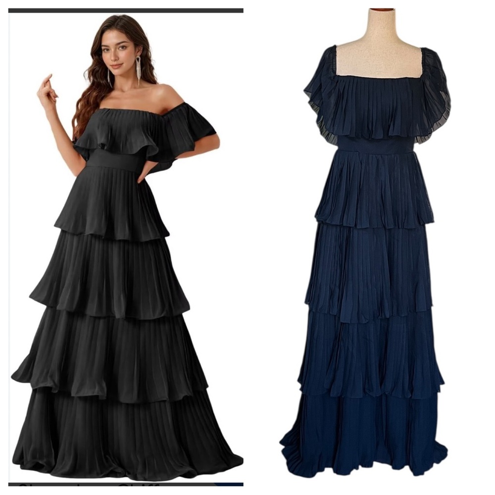 Blue Pleated Off-the-Shoulder Maxi Dress